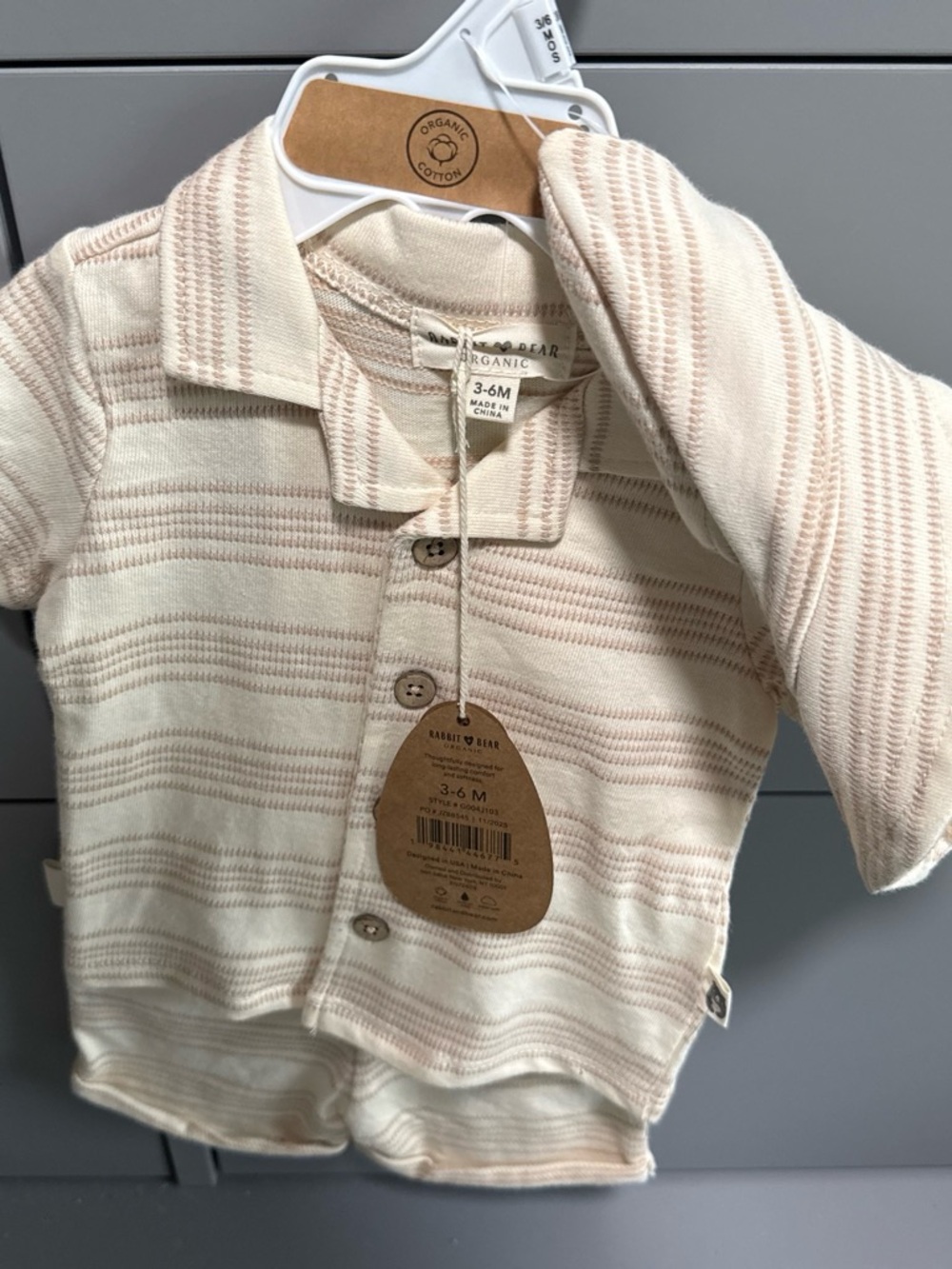 Organic Cotton Cream & Light Pink Striped Baby Polo Top Rabbit + Bear